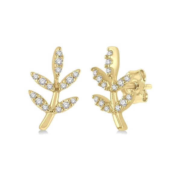 Women’s bohemian earrings-1/8 ctw Leaf Motif Round Cut Diamond Petite Fashion Earring in 10K Yellow Gold