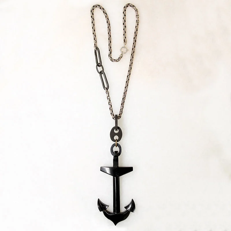 Women’s zodiac necklaces-Jet Anchor on Sterling & Gun Metal Chain by Ancient Influences