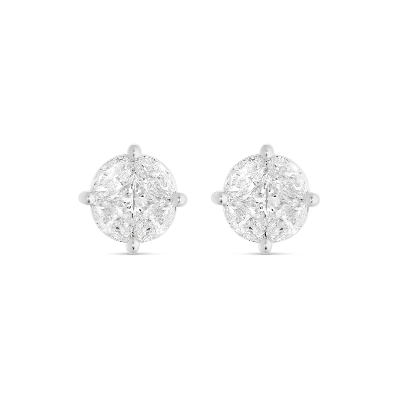 Women’s colorful gemstone earrings-10K White Gold Stud with Multi-Shape Diamond Earring