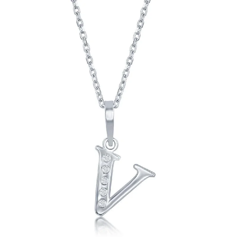 Women’s elegant necklaces-Sterling Silver Diamond "V" Initial Pendant Chain