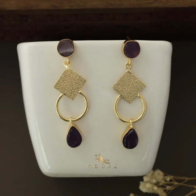 Women’s vintage earrings-Raw Stone Textured Diamond And Circle Drop Earring