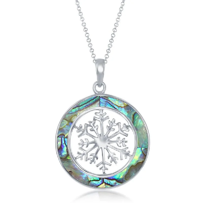 Women’s silver necklaces-Sterling Silver Snowflake Round Pendant With Chain - Abalone