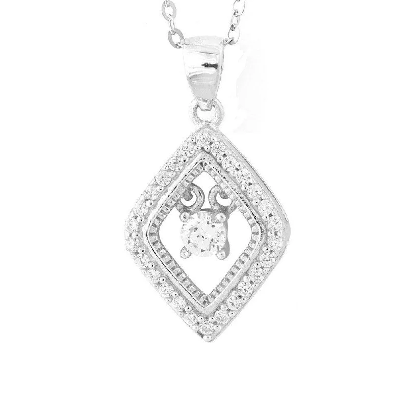 Women’s choker necklaces-Sterling Silver Micro Pave with Center Dancing-Shimmering CZ Diamond Shaped Pendant With Chain