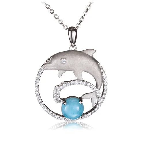 Women’s delicate necklaces-Sterling Silver Diving Dolphin Larimar Bead in Pave CZ Cirle Pendant(Chain Sold Separately)