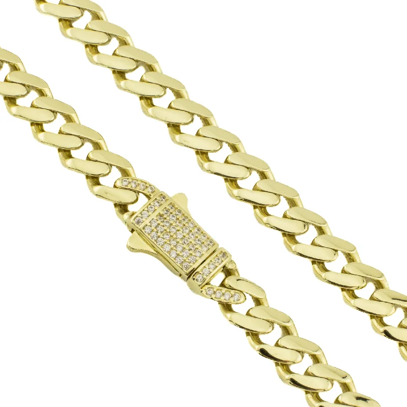 Women’s luxury diamond necklaces-7mm Wide Hollow Curb 18" Chain w/ Cubic Zirconia Accents in 10K Yellow Gold - 19.6 grams