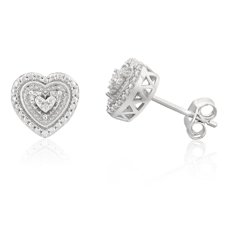 Women’s retro earrings-Diamond Heart Shape Earring Studs in Sterling Silver