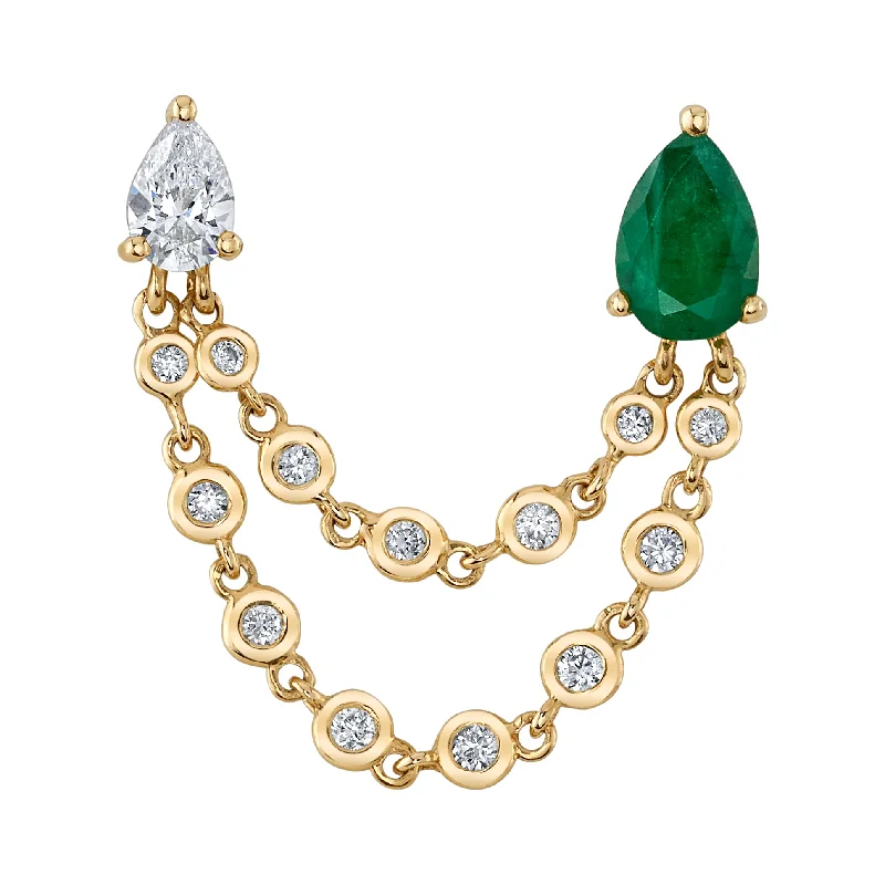 Women’s bridal chandelier earrings-Teardrop Emerald Diamond Double-Pierce Earring