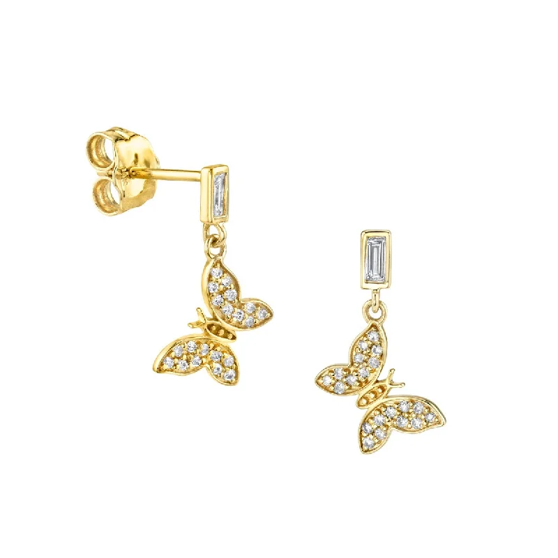 Women’s chic earrings-Gold & Baguette Diamond Tiny Butterfly Earring