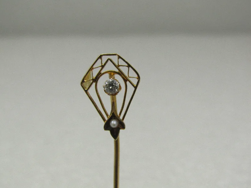 Victorian 14kt Diamond Pearl Stick Pin, 2.5", .08 CTW