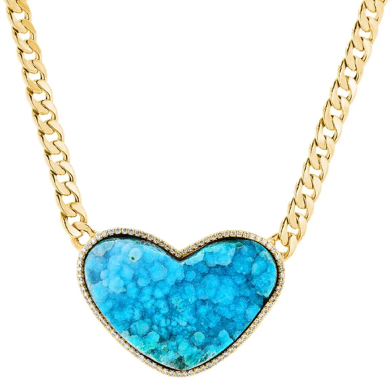 Women’s gemstone pendant necklaces-14K Chrysocolla Druzy Heart Pendant on Cuban Curb Chain - 16"  SNG00133