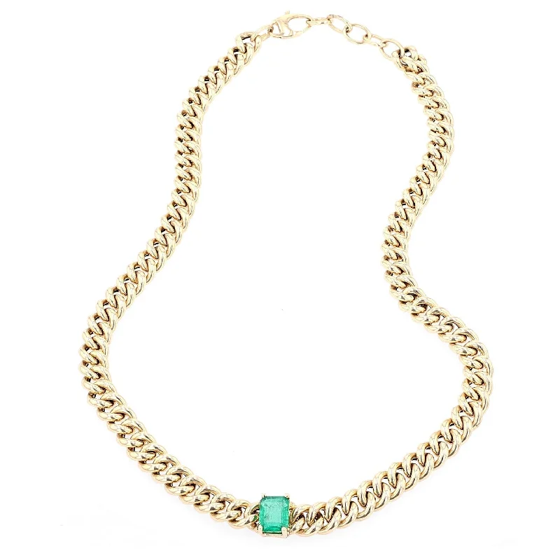 Women’s heart-shaped necklaces-14k Gold Cuban Chain with Emerald Center Stone NG002551