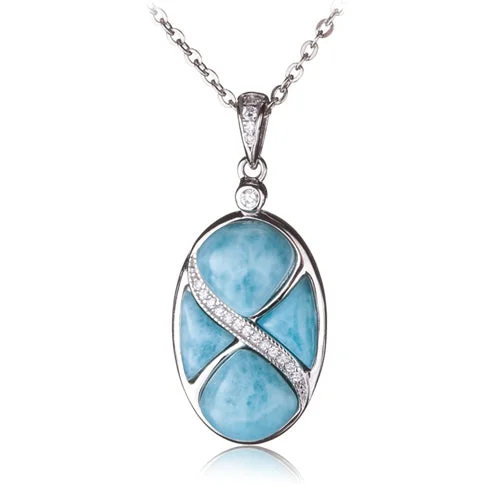 Women’s elegant pearl necklaces-Sterling Silver Oval Pendant Larimar CZ Inlaid(Chain Sold Separately)