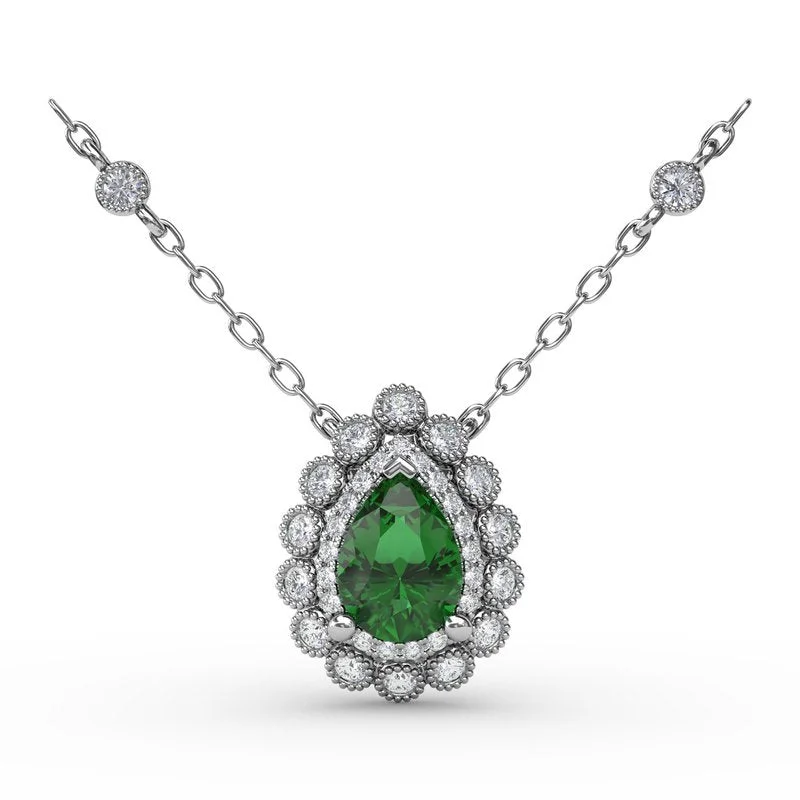 Women’s simple gold necklaces-Floral Teardrop Emerald and Diamond Pendant P1768E