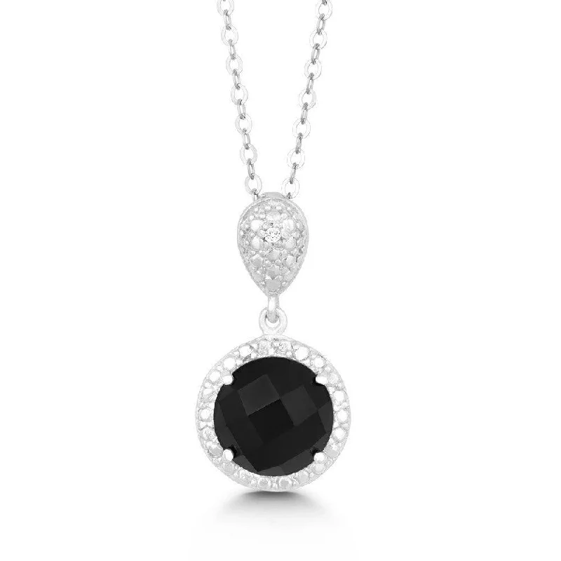 Women’s custom necklaces-Sterling Silver 9mm Black Onyx Diamond Pendant