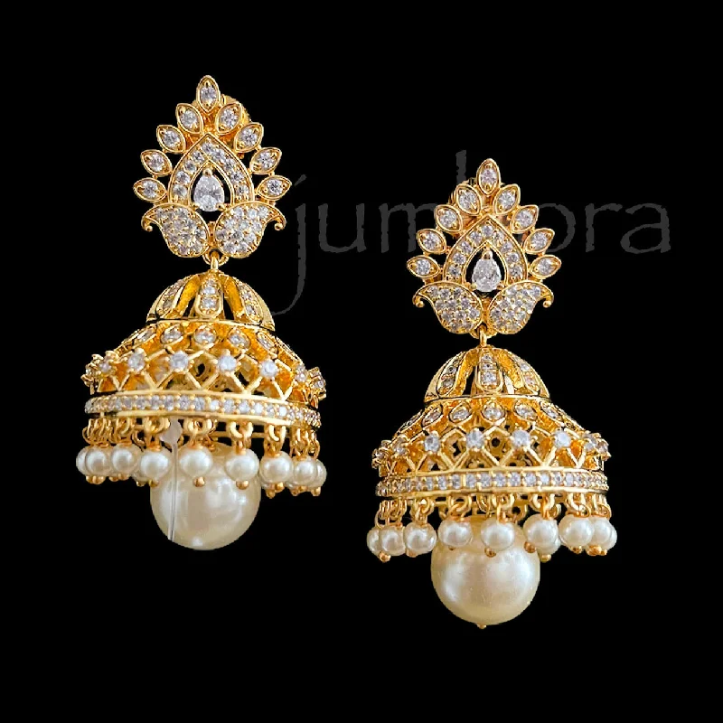 Women’s engagement earrings-White Diamond Alike AD (CZ) Zircon Jhumka Earring