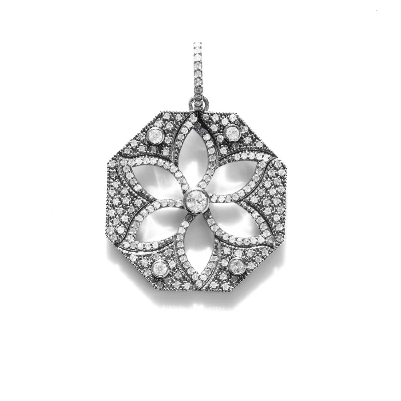 Women’s layered chain necklaces-Pave Diamond Lotus Flower Octagon Pendant P0001018