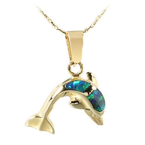 Women’s pearl and diamond necklaces-14K Yellow Gold Opal Inlaid Dolphin Pendant (Chain Sold Separately)