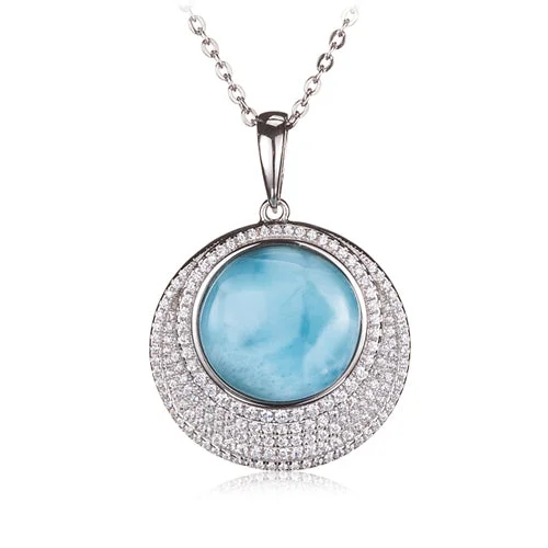 Women’s floral necklaces-Sterling Silver Pave CZ Larimar Bead Inlay Circle Pendant(Chain Sold Separately)