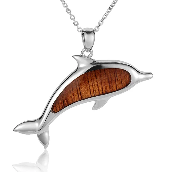 Women’s adjustable necklaces-KOA Wood Inlaid Sterling Silver Dolphin Pendant (Chain Sold Separately)