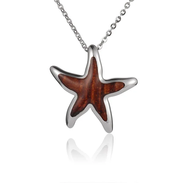 Women’s fashion chain necklaces-Hawaiian Jewelry Koa Wood inlaid Solid Silver Starfish Pendant (Chain Sold Separately)