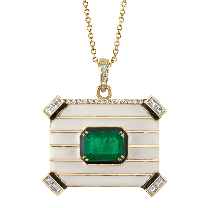 Women’s multi-strand necklaces-Emerald Enamel Tablet Pendant with Diamonds