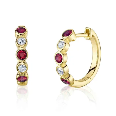 Women’s classic drop earrings-0.16CT DIAMOND & 0.48CT RUBY BEZEL HUGGIE EARRING