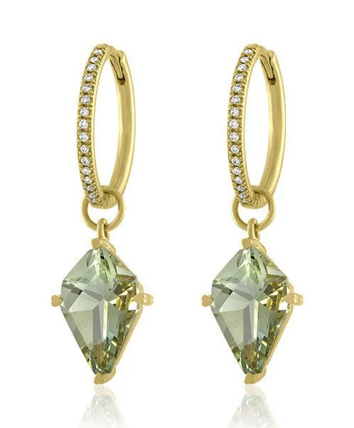 Women’s hoop earrings-Green Quartz Kite Shaped Earring Drops with Hinged Diamond Hoops 329-JSA