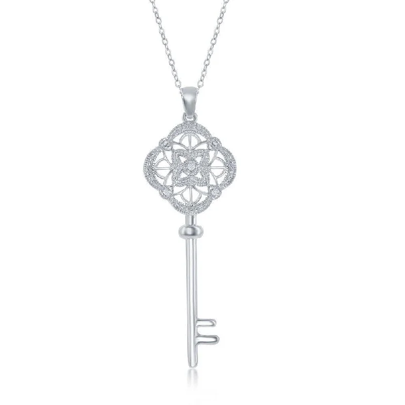 Women’s fashion necklaces-Sterling Silver Design Top Key Diamonds Pendant