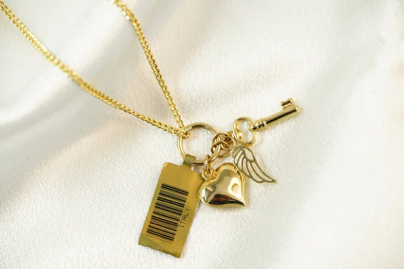 Women’s romantic gold necklaces-14k Key, Wing and Heart Cuban Link Chain with Pendant