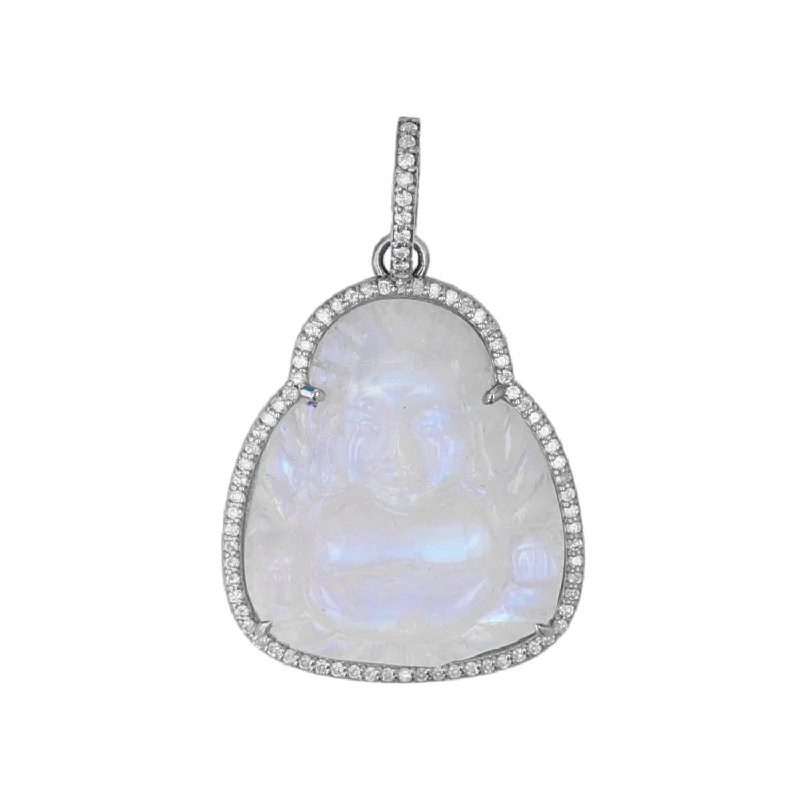 Women’s infinity necklaces-Rainbow Moonstone Carved Sitting Buddha Diamond Pendant  P0000947