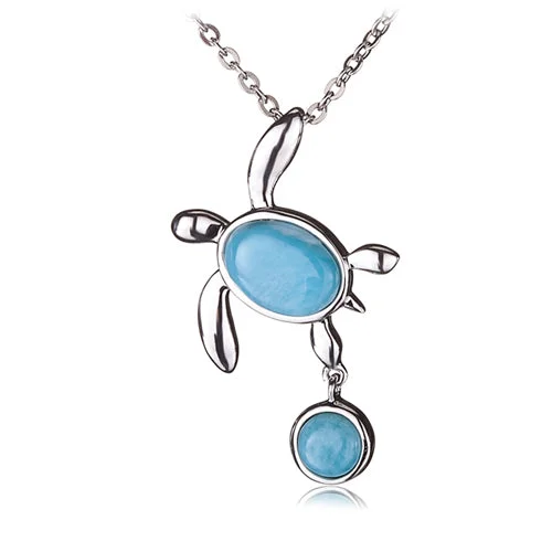 Women’s wedding necklaces-Stering Silver Honu(Turtle) Hanging Round Larimar Pendant(Chain Sold Separately)