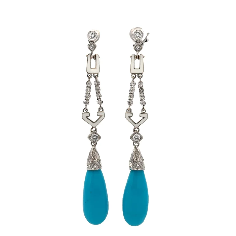 Women’s zirconia earrings-Turquoise, Enamel and Diamond Drop Earring in 18k White Gold