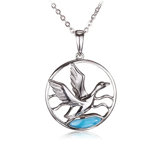 Women’s nature-inspired necklaces-Sterling Silver Mallard in Circle Pendant with Larimar Inlay(Chain Sold Separately)