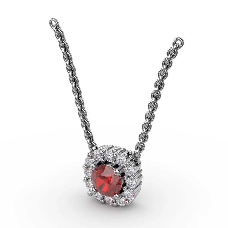 Women’s long necklaces-Classic Round Ruby and Diamond Pendant P1504R