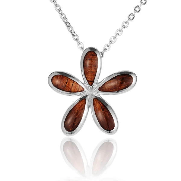 Women’s cubic zirconia necklaces-KOA Wood inlaid Sterling Silver Plumeria Pendant (Chain Sold Separately)