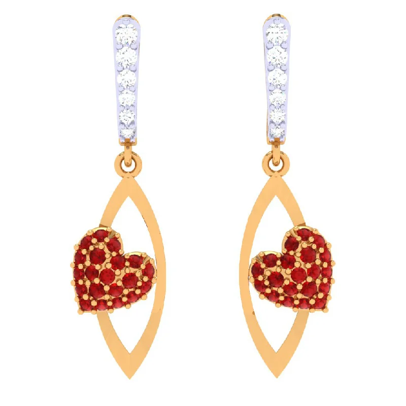 Women’s dangle earrings-18k Diamond Embossed Red Stone Studded Yellow Gold Earring