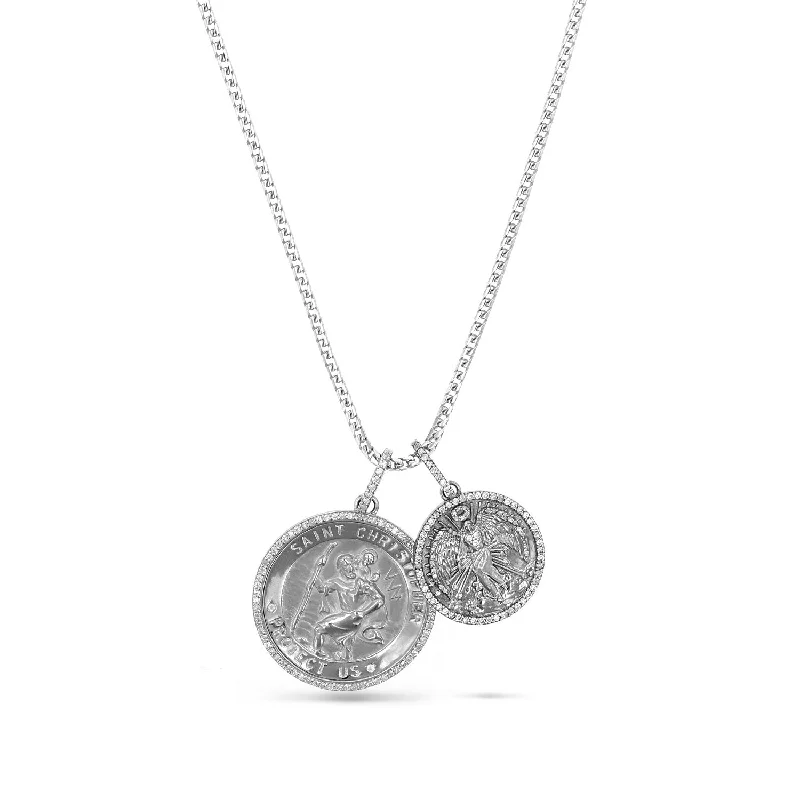 Women’s layered necklaces-St. Christopher "Protect Us" Medallion & Angel Pendant on Franco Chain - 28"  N0003354