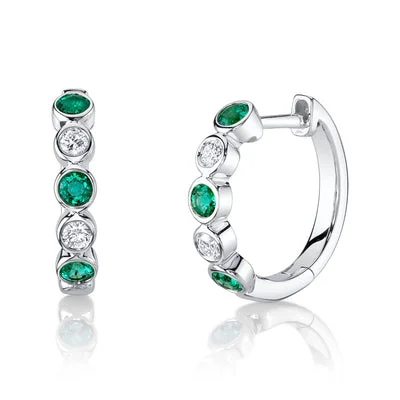 Women’s bold earrings-0.16CT DIAMOND & 0.33CT EMERALD BEZEL HUGGIE EARRING