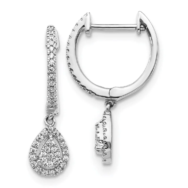 Women’s gem-encrusted earrings-14K White Gold Diamond Pear Shaped Hinged Hoop Earring