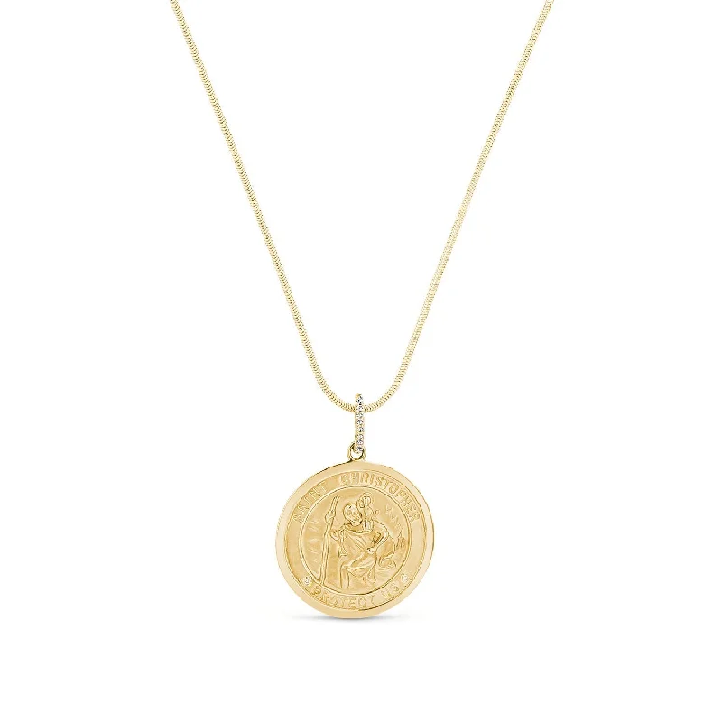 Women’s crystal necklaces-14K St. Christopher Protect Us Pendant on 14K Snake Chain - 30"  NG002639