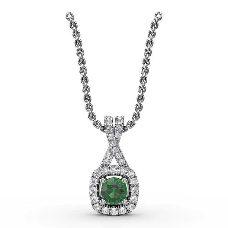 Women’s personalized necklaces-Halo Emerald and Diamond Pendant P1631E