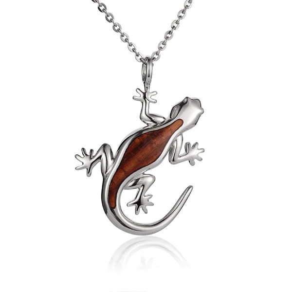 Women’s gold chain necklaces-KOA Wood inlaid Sterling Silver Gecko Pendant (Chain Sold Separately)