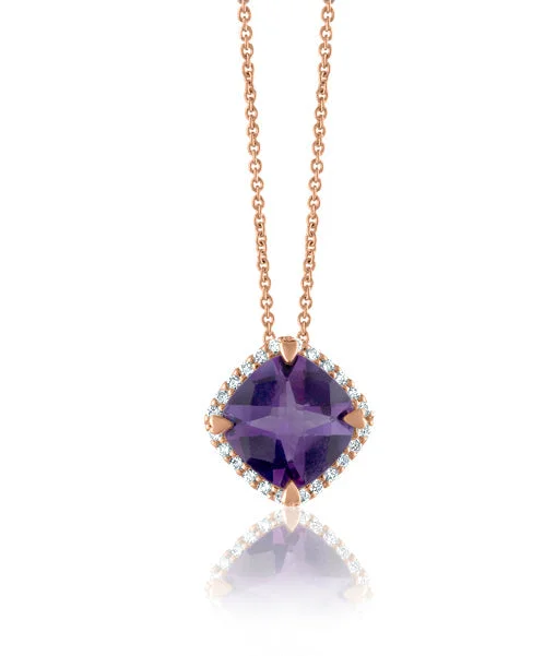 Women’s heart-shaped gold necklaces-Amethyst Cushion Shaped Pendant with Diamonds 300-JSA