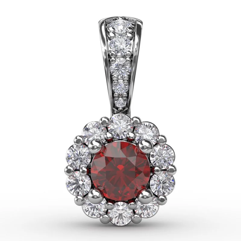 Women’s birthstone necklaces-Halo Ruby and Diamond Pendant P1514R