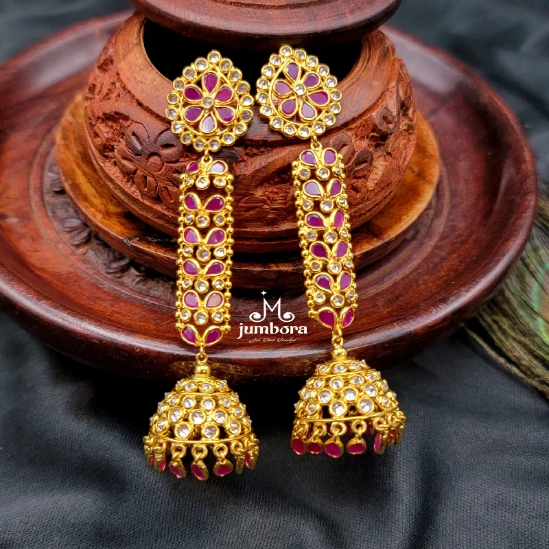 Women’s nature-inspired earrings-Long Ruby Red & Uncut Diamond Alike Gold AD Zircon (CZ) Jhumka Earring