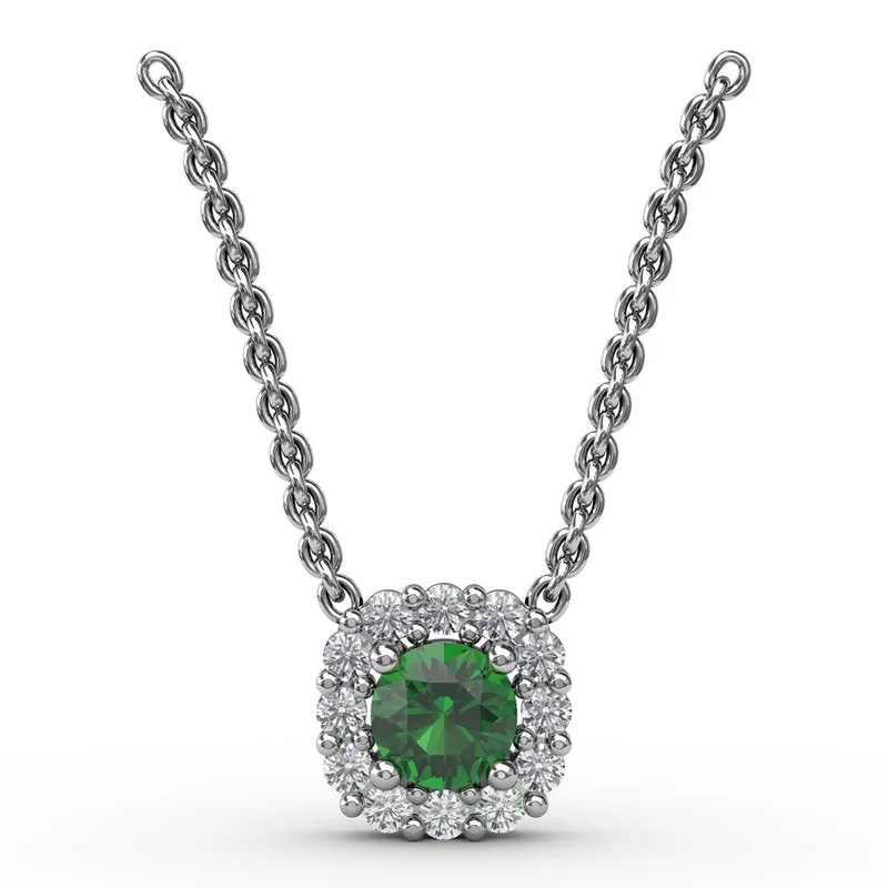 Women’s statement necklaces-Classic Round Emerald and Diamond Pendant P1504E