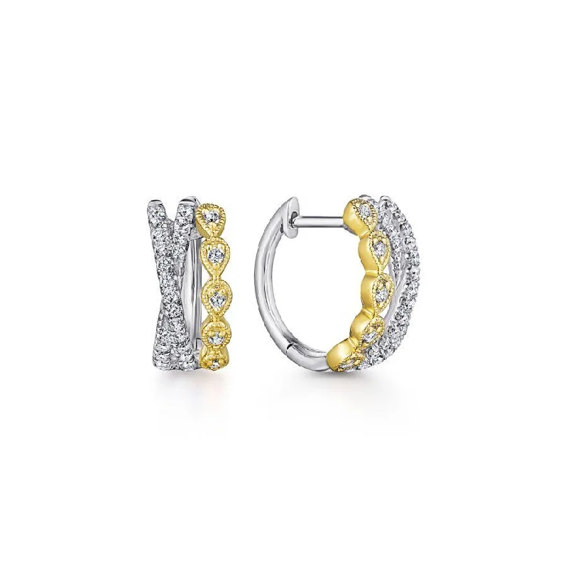 Women’s platinum engagement rings with diamonds-Gabriel & Co. - EG13454M45JJ - 14K Yellow-White Gold Criss Cross 10mm Diamond Huggies