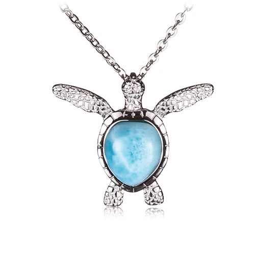 Women’s gold and silver necklaces-Sterling Silver Larimar Inlay Swimming Sea Turtle Pendant(Chain Sold Separately)