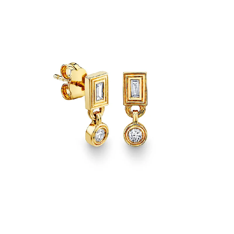 Women’s romantic earrings-Gold & Diamond Fluted Baguette & Round Drop Earring