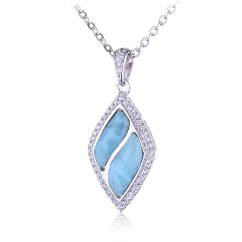 Women’s casual chain necklaces-Diamond Shape Larimar Sterling Silver Pendant Pave Cubic Zirconia(Chain Sold Separately)